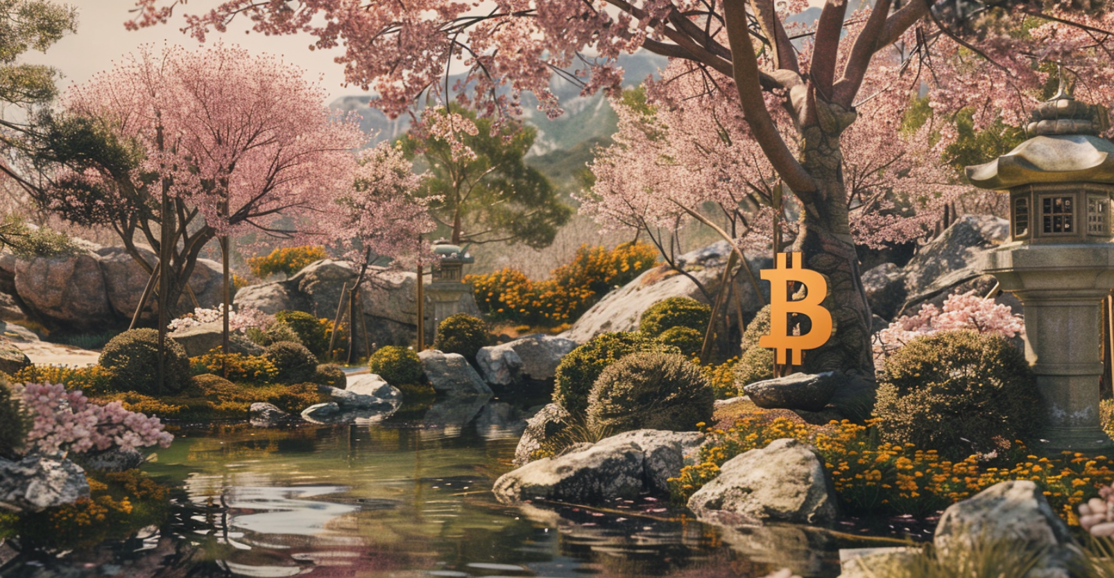 Japanese Garden with Bitcoin Symbol